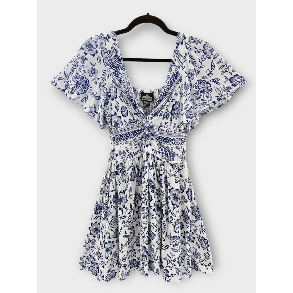 Angie Boho Dress M Blue White Floral Smocked Babydoll Flutter Sleeve Mini Breezy